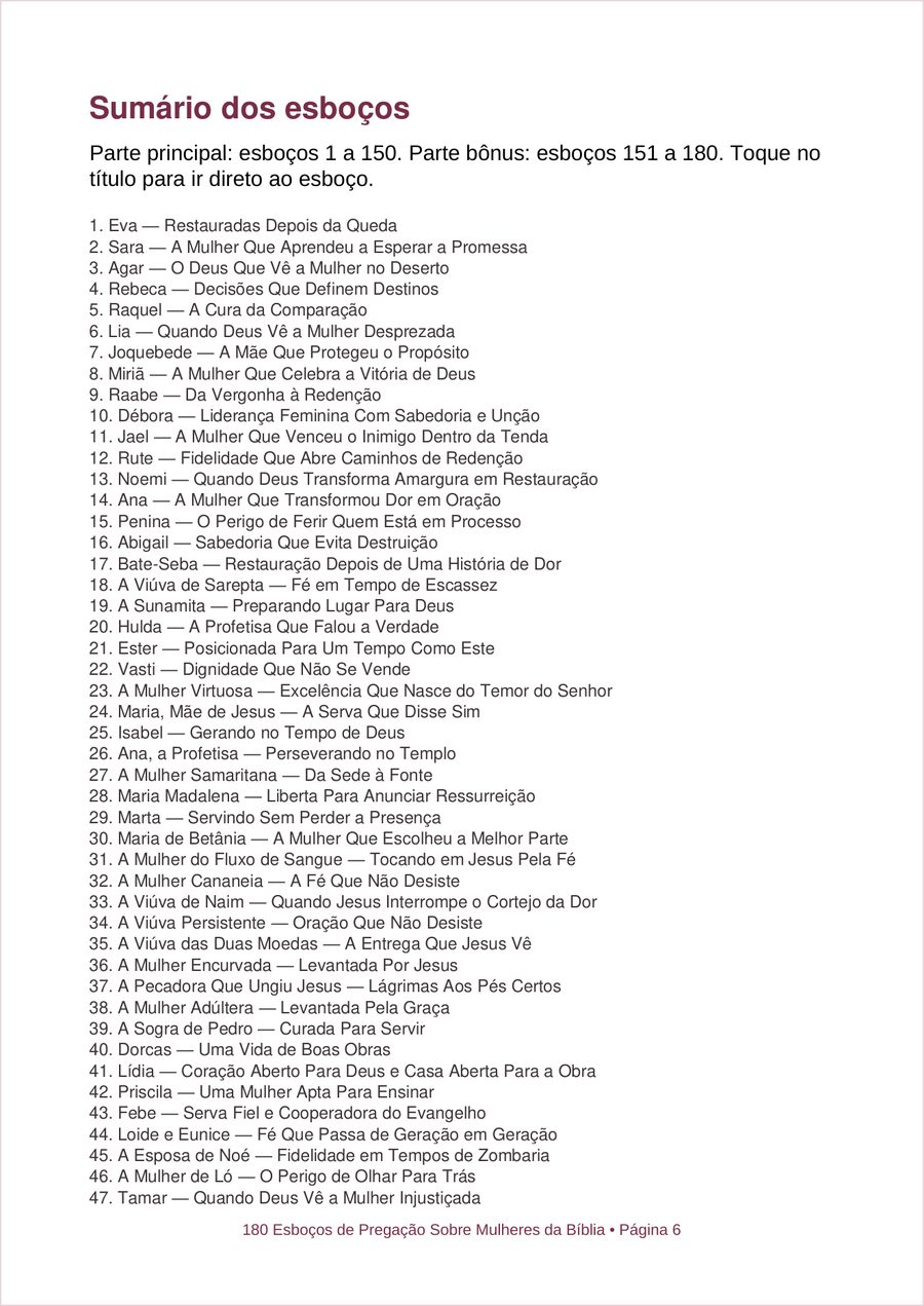 Sumário do PDF com os 180 esboços e as mulheres da Bíblia
