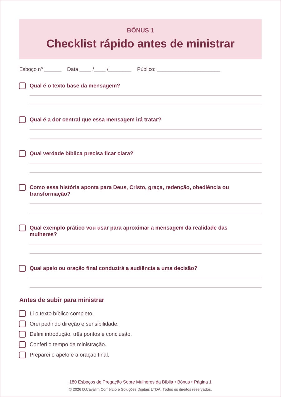 Página do Bônus 1, Checklist rápido antes de ministrar